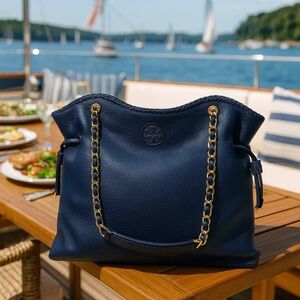 Tory Burch Marion Hudson Bay/Navy Pebbled Leather Tall Slouchy Chain Tote Bag